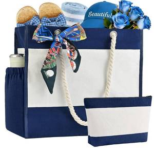 lot 15784 image: TAOZIM Beach Tote with Cosmetic Bag, Waterproof Canvas Beach Bag wRibbon Personalized for Women Birthday Travel Essential - Retail $16