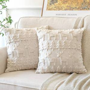 lot 15786 image: OTOSTAR Set of 2 Xmas Soft Plush Short Wool Velvet Decorative Throw Pillow Covers Square Luxury Style Cushion Case Pillow Shell for Sofa Bedroom Christmas Tree and Elk Cream Beige, 24x24 Inch - Retail $17