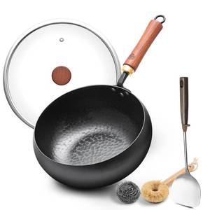lot 15789 image: WANGYUANJI 9.5 Carbon Steel Wok - Heavy-Duty & Thickened Base - Deep Bowl Stir Fry Pan for Induction, Electric & Gas - Warp-Resistant, Splatter-Free Design with Lid (1-2 Person) - Retail $54