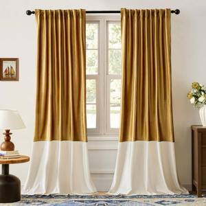 lot 15792 image: BULBUL Velvet Curtains for Living Room Gold Cream Ivory 120 inches Long,2 Panels Blackout Curtains Modern Color Block Back Tab Rod Pocket Soundproof Drapes for Bedroom Window Decor - Retail $65