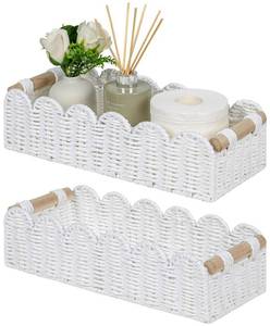 lot 15793 image: CubesLand Bathroom Basket Organizer, Toilet Tank Paper Storage Baskets 2-Pack, Scalloped Decorative Basket for Countertop wHandle, Wicker Basket for Bathroom Decor, Home Decor, Living Room, White - Retail $31