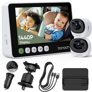 lot 15796 image: bonoch 5 1440P Baby Car Camera for 2 Kids - 360° Rotating Adjustable Wide View Dual Cameras, Split Screen Night Vision, Easy Setup Car Seat Monitor, USB Powered with Charger, Shower Gift for Parents - Retail $130
