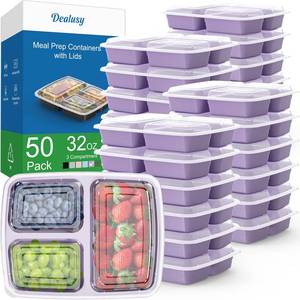 lot 15798 image: 50 Pack (100-Piece) 32 oz Meal Prep Containers Reusable with Lids 3-Compartment, To Go Take Out Plastic Food Storage Containers, Sturdy Leakproof Food Safe, Microwave Freezer Dishwasher Safe, Lilac - Retail $25