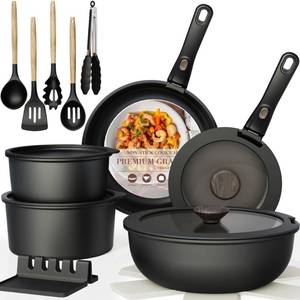 lot 15802 image: Astercook Non Stick RV Pots and Pans Ceramic Kitchen Cookware Set with DetachableRemovable Handle, Oven Safe, Induction Ready, Stackable, Black, 21 pcs - Retail $100