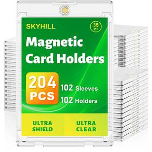 lot 15805 image: Skyhill 102ct Magnetic Card Holders, 35pt Acrylic One Touch Card Holder with Extra 102 Protective Sleeves, U-V Protection& Waterproof Hard Plastic Card Protectors for Trading Cards, Sports, Game Cards - Retail $66