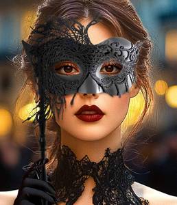 lot 15815 image: Maeaccx Venetian Masquerade Mask with Lace Details and Handheld Stick, Black(Peacock) - Retail $14