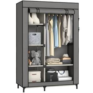 lot 15821 image: Buzowruil Portable Closet Wardrobe - 6-Shelf Storage with Hanging Rail, Non-Woven Fabric, Dust-Resistant, Easy Assembly, Space-Saving Design, Grey