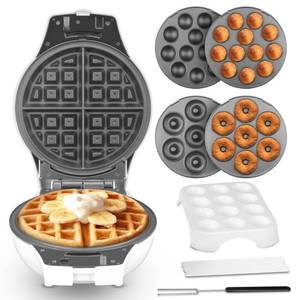 lot 15843 image: SugarWhisk Thick Belgian Waffle Maker with 3 Removable Plates, 7�� Non Stick Belgian Waffle Iron Removable Plates, 3 in 1 Mini Donut Maker Machine, Cake Pop Maker Machine Set with Accessories & Tools - Retail $50