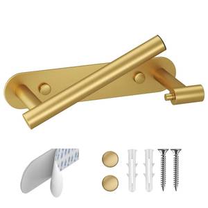 lot 15863 image: BESy Adhesive or Screw Toilet Paper Holder Wall Mount Rustproof Modern Roll Holder Flexible Pivoting Adjustable Tissue Handle with Self Adhesive or Mounted with Screws Stainless Steel Brushed Gold - Retail $30