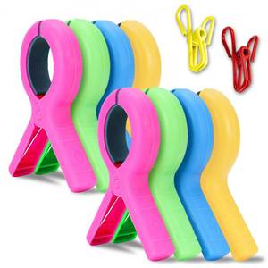 lot 15864 image: Large Beach Towel Clips, 8 PCS Beach Chair Clips with 2PCS Chip Clips for Chair Cruise Pool, Heavy Duty to Beach Vacation Essentials(Pink, Green, Orange, Blue) - Retail $6