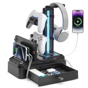 lot 15879 image: KDD Headphone Stand with USB A&C Charger Ports - RGB Controller Stand with Detachable Hooks - Rotatable Headset Hanger & Device Slot for PhonesTablets - Drawer Storage Base for Gaming Desk Organizer - Retail $36