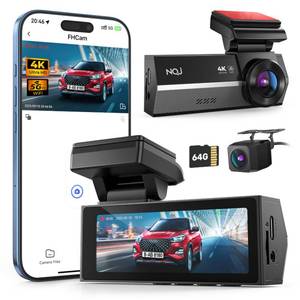 lot 15891 image: Dash Cams Front and Rear, NQJ 4K2K Dual Dash Camera for Cars w 64GB Card, 5GHz Wi-Fi & App, G-Sensor, 3.2�� Screen, 24H Parking Mode, 170°Wide Angle, Night Vision - Retail $57