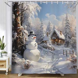 lot 15894 image: MERCHR Christmas Snowman Shower Curtain, Winter Snow Trees Rustic Farmhouse Bathroom Curtains, Durable Waterproof Fabric Bathtub Sets Home Decor 71 x 71 Inch - Retail $19