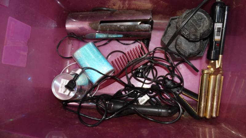 lot 20251 image: Tub of misc. Water jug, curling iron, hair crimper