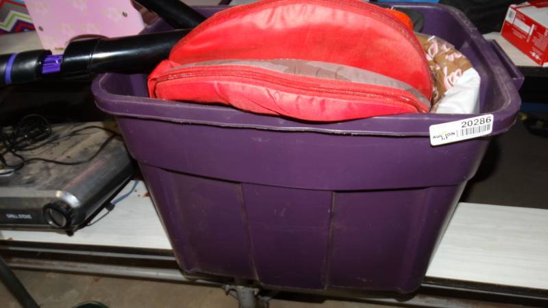 lot 20286 image: Tub w misc. Puzzle. Cars stadium chair. Lacrosse items. Toys.