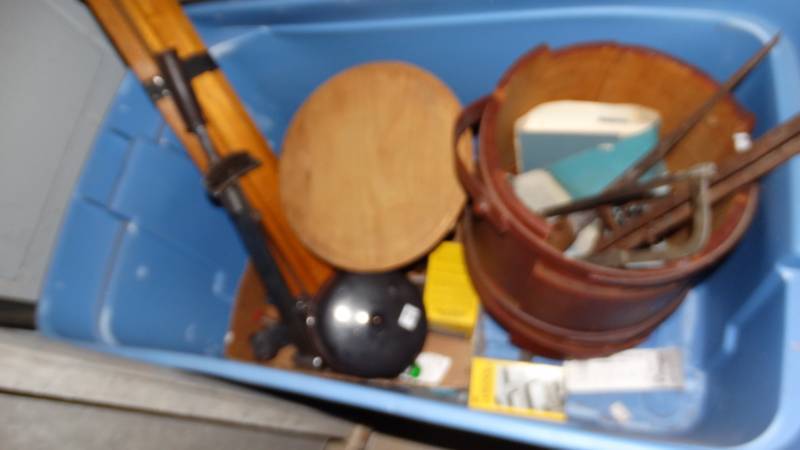 lot 20315 image: Tub of misc. Tripod. Wood churn bucket. Clay jar.