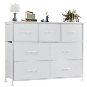 lot 11472 image: OLIXIS Dresser for Bedroom, 7 Storage Drawers, Wide Fabric Closet Chests Organizer Tower Furniture, TV Stand with Wooden Top Metal Frame for Clothes, Living Room, Hallway, Entryway, Classic White