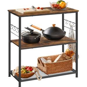 lot 62407 image: VASAGLE Bakers Rack, Kitchen Shelf, Kitchen Island, Microwave Oven Stand with 3 Open Shelves, 6 Hooks, Metal Frame, 15.7 x 31.5 x 35.4 Inches, Industrial, Rustic Brown and Black UKKI002B01