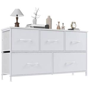 lot 11492 image: OLIXIS 5 Drawer Dresser Nightstand Classic White, Wooden Top Metal Frame Fabric Storage Organizer for Bedroom Living Room Entryway, Wide TV Stand Closet Chest Furniture