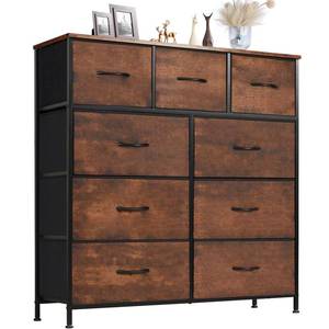 lot 11512 image: Sweetcrispy Dresser for Bedroom with 9 Storage Drawers, Large Fabric Storage Tower Organizer, Chest of Drawers with Metal Frame Wooden Top for Closet, Living Room, Entryway, Brown