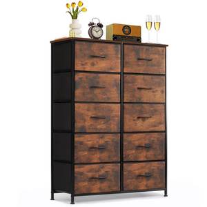 lot 11513 image: 10-Drawer Dresser for Bedroom, Anti-Tip Tall Storage Organizer Chest of Drawers with Wooden Top and Metal Frame Fabric Bins for Closet, Living Room, Hallway, Entryway, Brown