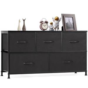 lot 50366 image: OLIXIS 5 Drawers Dresser for Bedroom, Fabric Storage Tower for Living Room, Entryway, Sturdy Steel Frame, Wooden Top & Easy Pull Fabric Bins