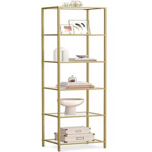 lot 61936 image: VASAGLE Bookcase, 6-Tier Bookshelf, Slim Shelving Unit for Bedroom, Bathroom, Home Office, Tempered Glass, Steel Frame, Metallic Gold ULGT500A01