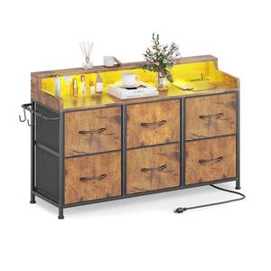 lot 63107 image: Leadpro Dresser for Bedroom with 6 Drawers, LED TV Stand Dresser with Charging Station, Chest of Fabric Drawers with Side Hooks, Dresser Storage Organizer for Closet Living Room Hallway (Rustic Brown)