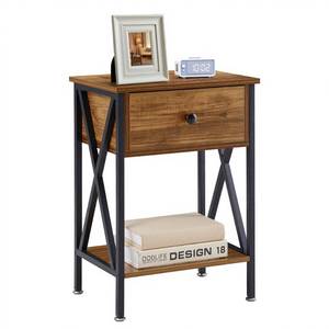 lot 63129 image: VECELO Night Stand with Drawer, 2 Tiers Storage Shelves End Table, Small Side Table for Small Spaces,Night Stand for Living Room, Bedroom,Brown