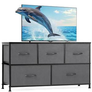 lot 63131 image: NEWBULIG Dresser for Bedroom, Grey Dresser and TV Stand with 5 Storage Drawers, Dressers & Chests of Drawers with Fabric Bins, Sturdy Metal Frame, Wood Tabletop for Closet, Clothes Organizer
