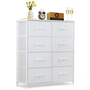 lot 63136 image: 8-Drawer Dresser for Bedroom, Anti-Tip Tall Storage Organizer Chest of Drawers with Wooden Top and Metal Frame Fabric Bins for Closet, Living Room, Hallway, Entryway, White -