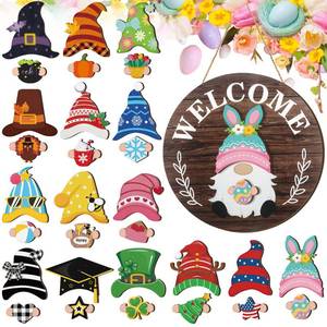 lot 55123 image: Interchangeable Wooden Gnome Decor Holiday Seasonal Gnome Decorations with Magnet Pieces and Detachable Hats Changeable Welcome Sign for Home(Attractive Style) - Retail $17