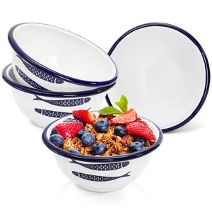 lot 55125 image: Set of 4 Enamel Bowls, 16 Oz Classic Round Cereal Bowl with Blue Rim, Vintage Enamelware for Salad, Soup, Fruit, Oatmeal