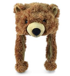 lot 55138 image: Puzzled Brown Grizzly Bear Hat - Soft Plush Animal Beanie with Ear Flaps, Cozy Fleece, Warm Winter Hat for Kids, Teens, Adults - One Size - Retail $24