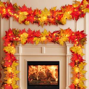 lot 55160 image: Thanksgiving Decorations for Home Large Maple Leaves 9Ft Plug in Thanksgiving Garland with Lights 50 Orange Bulbs UL Certified Connectable Fall Garland Lights for Indoor Outdoor Harvest Decor(2Packs) - Retail $40