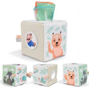 lot 55172 image: Fun Baby Tissue Box with Stimulating Mirror For Endless Entertainment - Soft Montessori Toy w Crinkle Paper & Fabric Tissues - The Perfect Sensory Toy For NewbornInfant Development From 6-12 Months - Retail $10