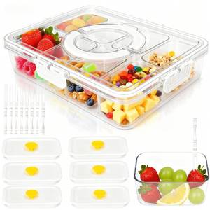 lot 55182 image: Premium Leak-Proof Snack Box Container with 8 Clear Compartments & 6 Airtight Lids  Portable Clear Snack Tray with Lid & Handle  Divided Serving Tray for Fruits, Snacks, Sauces, Veggie & More - Retail $16