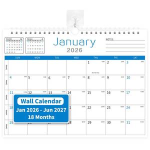 lot 55193 image: Calendar 2026-2027, 18 Months Wall Calendar From January 2026 To June 2027 with Julian Dates, 14.7 x 11 Thick Paper with Black Blocks For New Year Christmas Gifts (Blue) - Retail $8