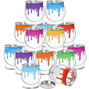 lot 55197 image: 16 Pack Mini Clear Paint Cans, 12 Pint Plastic Empty Paint Buckets, 2.8 x 3.6 Party Favors Candy Containers, Art Paint Supplies with Metal Lids for Art Parties Weddings Birthdays Picnics - Retail $24