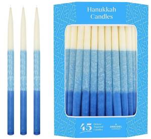 lot 55208 image: The Dreidel Company Dripless Deluxe Tapered Pastel, Blue and White Decorations, 1-Hour Burn Time Hanukkah Menorah Candles for All 8 Nights of Chanukah - Retail $14