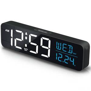 lot 55222 image: Large Display Digital Alarm Clock for Bedrooms, Date Day of Week Calendar Desk Table Clocks for Living Room Office, Dimmable Plug in Electric Clock, 5 Volumes, Loud, Auto DST - Retail $19