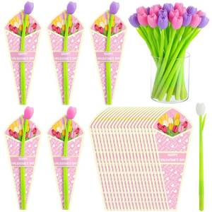 lot 55224 image: 15 Sets Valentines Day Color Changing Tulip Flower Pens with Gift Cards Tulip Gel Ink Pen Valentines Day Gifts for Women Teacher Coworker Nurse Gifts - Retail $15