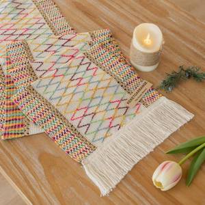 lot 55245 image: Boho Spring Table Runner Colorful for Easter Decorations 12x72 Inches Farmhouse Small Macrame Woven Burlap Rustic Coffee Dresser Table Runner Dining Kitchen Centerpiece Bohemian Decor - Retail $12