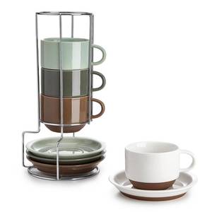 lot 55297 image: 8 Ounce Cappuccino Cups Set of 4, Porcelain Stackable Coffee Cups with Saucers and Metal Stand, Multicolor - Retail $45