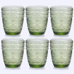 lot 55311 image: 6Pcs Green Drinking Glassware, 10oz Drinking Glasses, Heavy Duty Glass Cups, Colored Embossed Glasses Set for Party Wedding Home Office Glassesware Gift - Retail $28