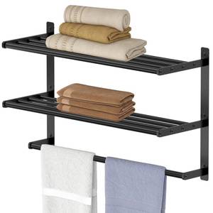 lot 55314 image: Hotel Towel Racks for Bathroom Wall Mounted, BETHOM 24 Inch Towel Shelf for Bathroom, 3-Tier Bathroom Towel Rack with Tower Bars, Matte Black - Retail $38
