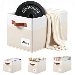 lot 55315 image: 4 Pack Large Closet Storage Baskets for Shelves - 14x10 Heavy Duty Closet Shelf Organizer Bins with Handles & Labels - Decorative Collapsible Baskets for Organizing Living Room Bedroom Nursery Dorm - Retail $60