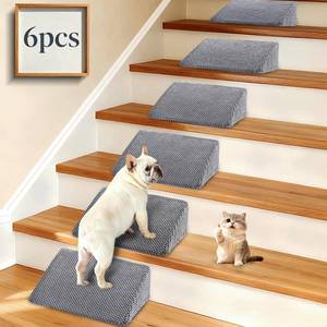lot 55316 image: Dog Ramp for Stairs for Small & Senior Dogs and Cats Non-Slip Stair Wedges for Dogs with Gentle Slope, Pet Ramp with Washable Cover & Self-Sticky Pads for Safe Climbing (Gray, 6 Pack) - Retail $90