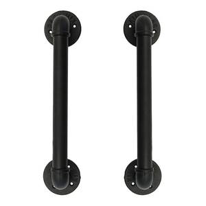 lot 55317 image: Set of 2 Industrial Pipe Door Pull Handle, Grab Bar, Towel Bar, Antique Rustic Cast Iron Handrail - Matte Black, 1-14Diameter Pipe, 15 Inch - Retail $25