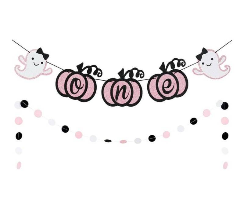 lot 136 image: Pink Ghost One Banner Pumpkin One Banner, Halloween Ghost One Birthday Banner for Pink Ghost Halloween 1st Birthday Party Decorations